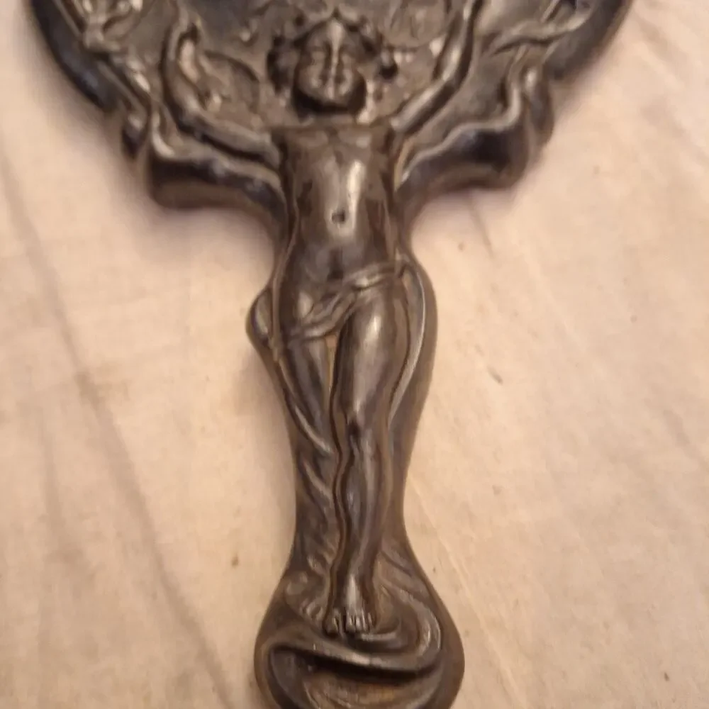 Antique Art Nouveau Silver Cupid Cherub Angel Figural Hand-Held Vanity Mirror
